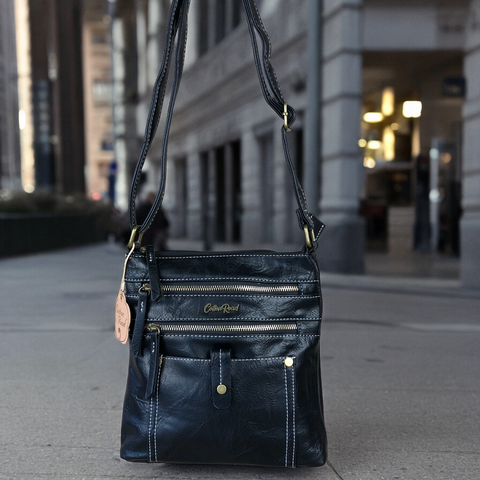 Cotton Road Sling Bag: BLACK PU Leather Sling Bag with Metal Zips