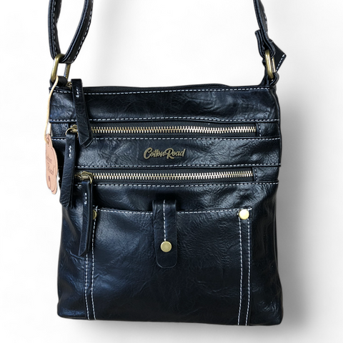 Cotton Road Sling Bag: BLACK PU Leather Sling Bag with Metal Zips