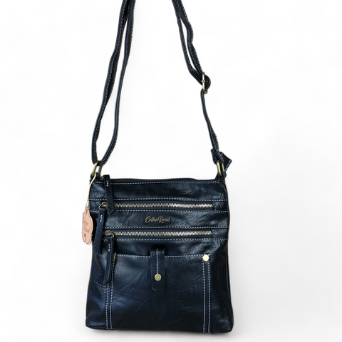 Cotton Road Sling Bag: BLACK PU Leather Sling Bag with Metal Zips