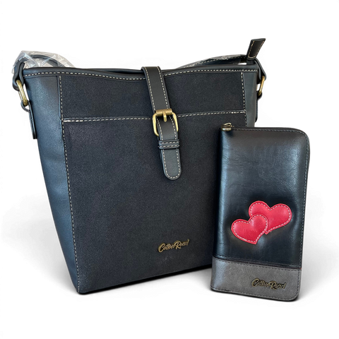 Cotton Road Sling Bag: BLACK PU Leather with Matching Hearts Wallet