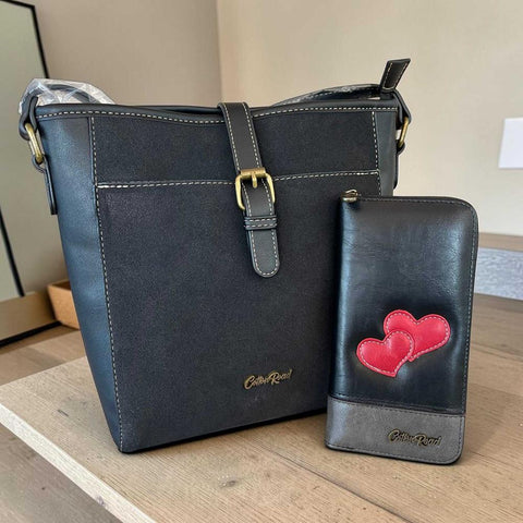 Cotton Road Sling Bag: BLACK PU Leather with Matching Hearts Wallet