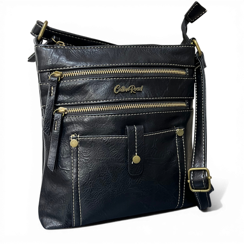 Cotton Road Sling Bag: BLACK PU Leather with Metal Zips