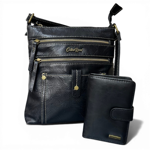 Cotton Road Sling Bag: BLACK PU Leather with Metal Zips and Matching Wallet