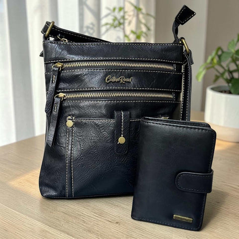 Cotton Road Sling Bag: BLACK PU Leather with Metal Zips and Matching Wallet