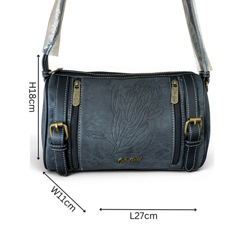 Cotton Road Sling Bag: BLACK Protea Design PU Leather with Matching Wallet
