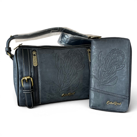 Cotton Road Sling Bag: BLACK Protea Design PU Leather with Matching Wallet