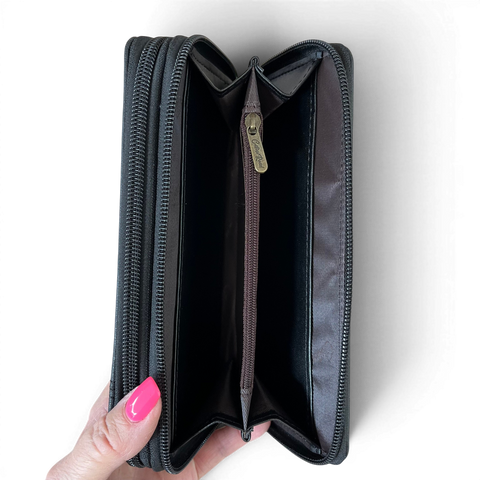 Cotton Road Sling Bag: BLACK Protea Design PU Leather with Matching Wallet