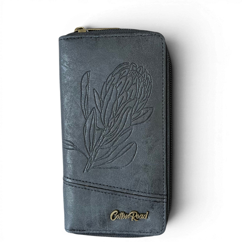 Cotton Road Sling Bag: BLACK Protea Design PU Leather with Matching Wallet