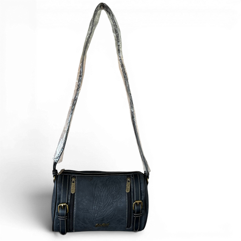 Cotton Road Sling Bag: BLACK Protea Design PU Leather with Matching Wallet
