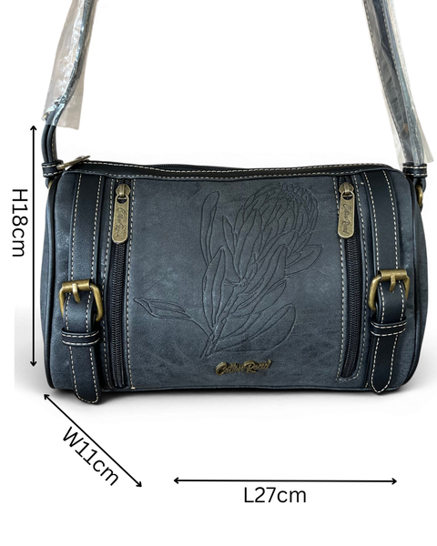 Cotton Road Sling Bag: BLACK Protea Design PU Leather with Matching Wallet