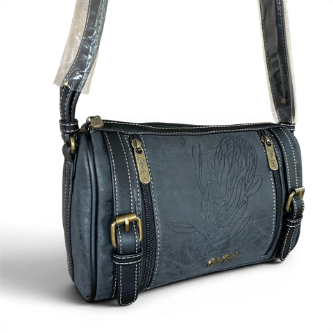 Cotton Road Sling Bag: BLACK Protea Design PU Leather with Matching Wallet