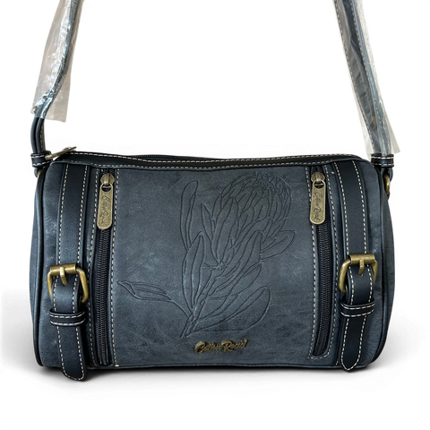 Cotton Road Sling Bag: BLACK Protea Design PU Leather with Matching Wallet