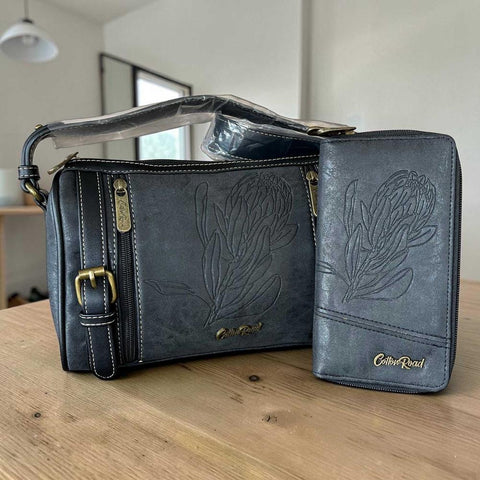 Cotton Road Sling Bag: BLACK Protea Design PU Leather with Matching Wallet