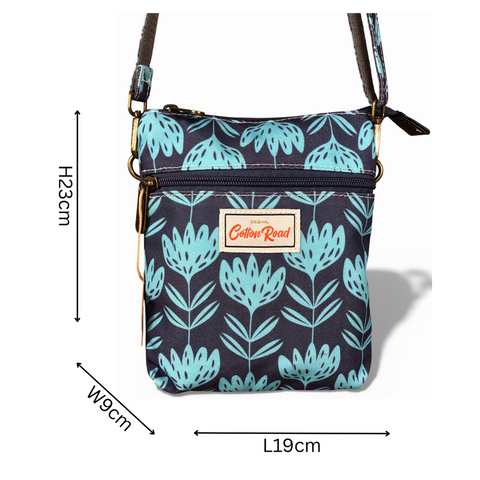 Cotton Road Sling Bag: BLUE Canvas Mini Sling Bag with PROTEAS