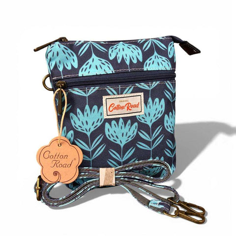 Cotton Road Sling Bag: BLUE Canvas Mini Sling Bag with PROTEAS
