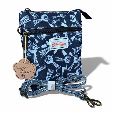 Cotton Road Sling Bag: BLUE Canvas Mini Sling Bag with WINDMILLS