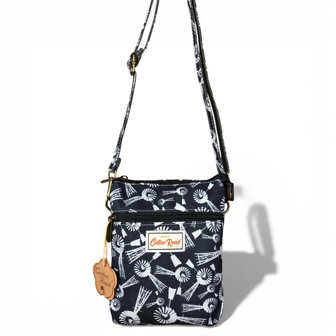 Cotton Road Sling Bag: BLUE Canvas Mini Sling Bag with WINDMILLS