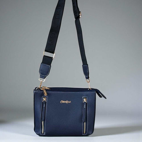 Cotton Road Sling Bag: BLUE PU Leather Bag with BRANDED Strap
