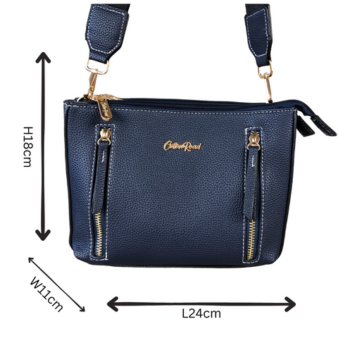 Cotton Road Sling Bag: BLUE PU Leather Sling Bag with BRANDED Strap
