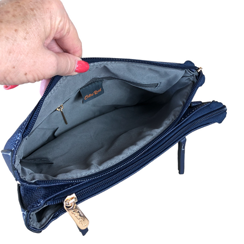 Cotton Road Sling Bag: BLUE PU Leather Sling Bag with BRANDED Strap