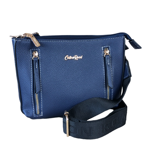 Cotton Road Sling Bag: BLUE PU Leather Sling Bag with BRANDED Strap