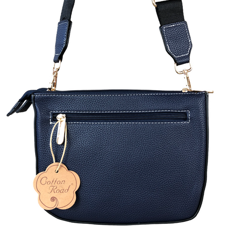 Cotton Road Sling Bag: BLUE PU Leather Sling Bag with BRANDED Strap