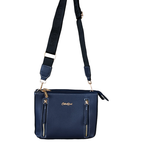 Cotton Road Sling Bag: BLUE PU Leather Sling Bag with BRANDED Strap