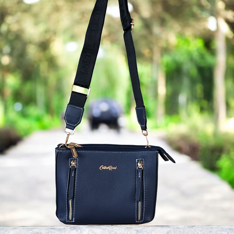 Cotton Road Sling Bag: BLUE PU Leather Sling Bag with BRANDED Strap
