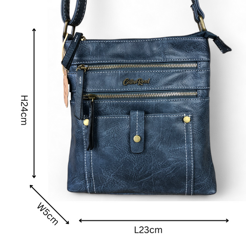 Cotton Road Sling Bag: BLUE PU Leather Sling Bag with Metal Zips