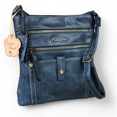 Cotton Road Sling Bag: BLUE PU Leather Sling Bag with Metal Zips