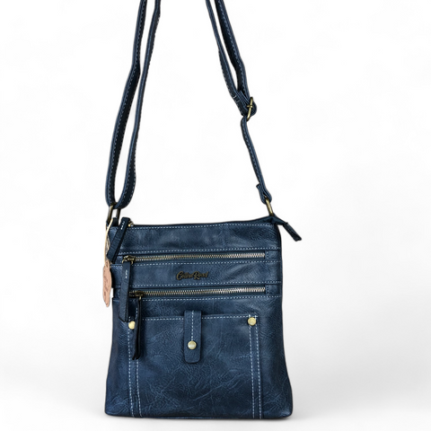 Cotton Road Sling Bag: BLUE PU Leather Sling Bag with Metal Zips