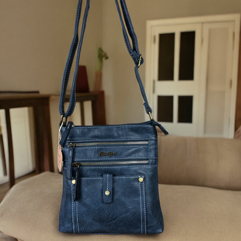 Cotton Road Sling Bag: BLUE PU Leather Sling Bag with Metal Zips