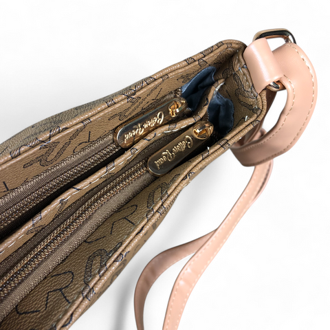 Cotton Road Sling Bag: BROWN BRANDED Synthetic Leather Sling Bag