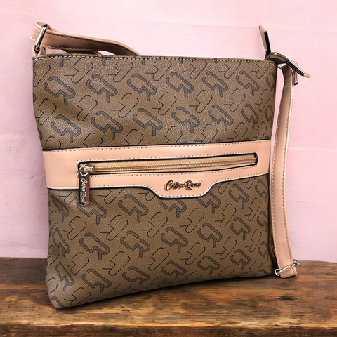 Cotton Road Sling Bag: BROWN BRANDED Synthetic Leather Sling Bag