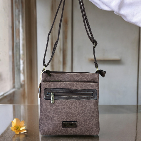 Cotton Road Sling Bag: BROWN FLORAL Printed PU Leather Sling Bag