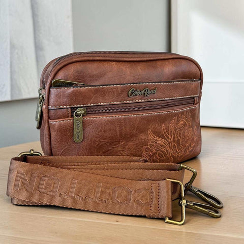 Cotton Road Sling Bag: BROWN PROTEA Design PU Leather Crossbody with BRANDED STRAP