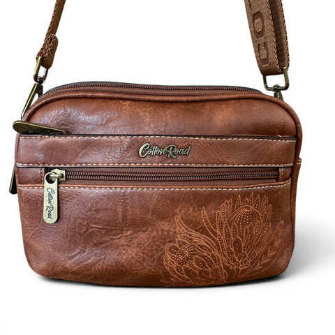 Cotton Road Sling Bag: BROWN PROTEA Design PU Leather Crossbody with BRANDED STRAP