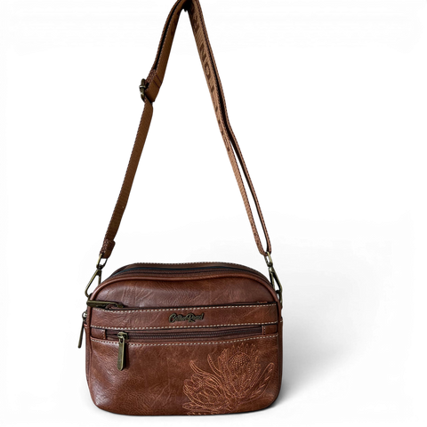 Cotton Road Sling Bag: BROWN PROTEA Design PU Leather Crossbody with BRANDED STRAP