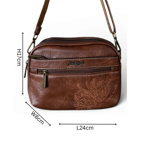 Cotton Road Sling Bag: BROWN PROTEA Design PU Leather Crossbody with BRANDED STRAP