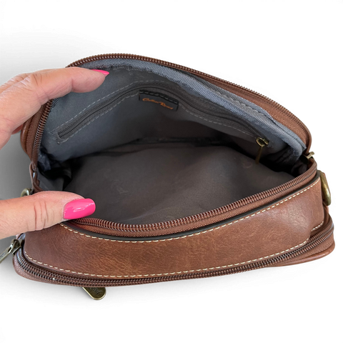Cotton Road Sling Bag: BROWN PROTEA Design PU Leather Crossbody with BRANDED STRAP