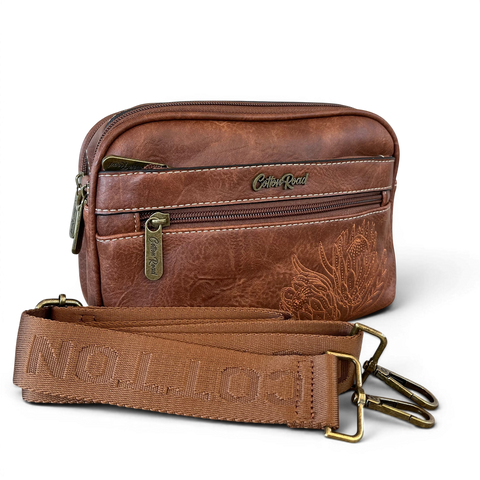 Cotton Road Sling Bag: BROWN PROTEA Design PU Leather Crossbody with BRANDED STRAP