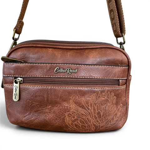 Cotton Road Sling Bag: BROWN PROTEA Design PU Leather Crossbody with BRANDED STRAP