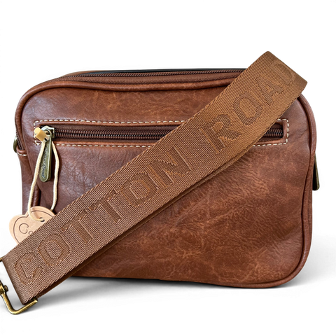Cotton Road Sling Bag: BROWN PROTEA Design PU Leather Crossbody with BRANDED STRAP