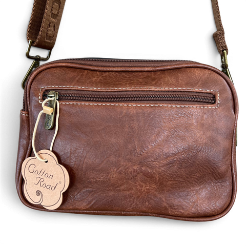 Cotton Road Sling Bag: BROWN PROTEA Design PU Leather Crossbody with BRANDED STRAP