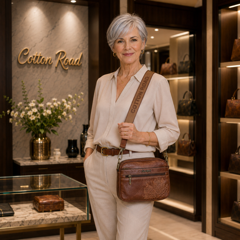 Cotton Road Sling Bag: BROWN PROTEA Design PU Leather Crossbody with BRANDED STRAP
