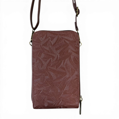 Cotton Road Sling Bag: BROWN PU Leather Cellphone Mini Sling with LEAF Design