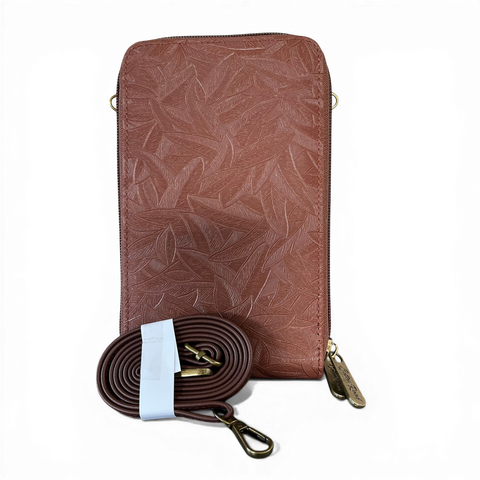 Cotton Road Sling Bag: BROWN PU Leather Cellphone Mini Sling with LEAF Design