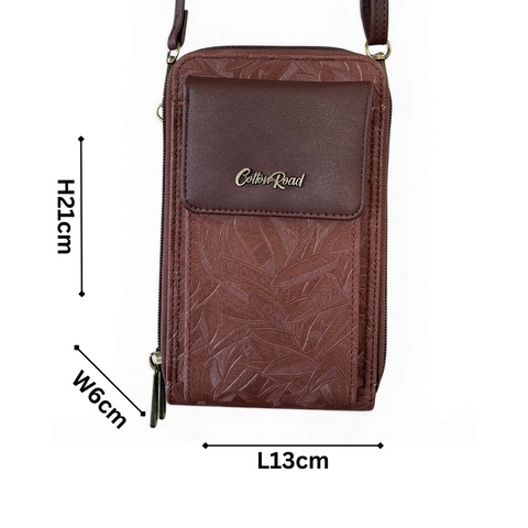 Cotton Road Sling Bag: BROWN PU Leather Cellphone Mini Sling with LEAF Design