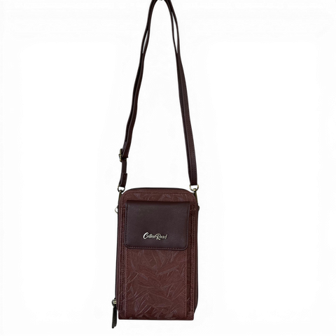 Cotton Road Sling Bag: BROWN PU Leather Cellphone Mini Sling with LEAF Design