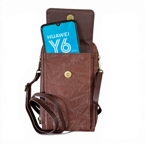 Cotton Road Sling Bag: BROWN PU Leather Cellphone Mini Sling with LEAF Design
